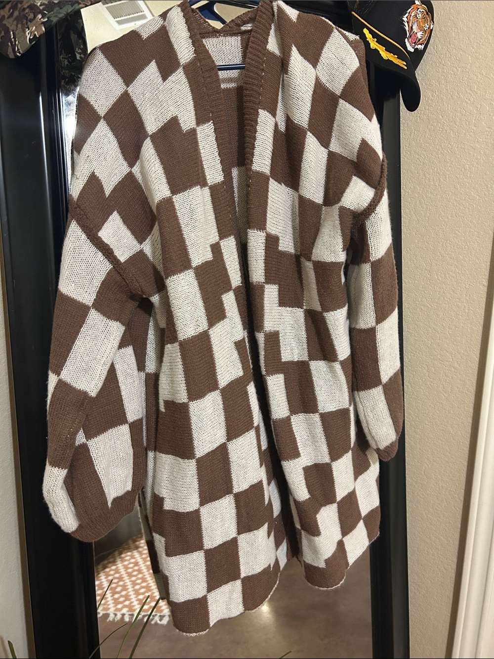 Brown & Cream Checkered Open-Front Women's Sweater Cardigan